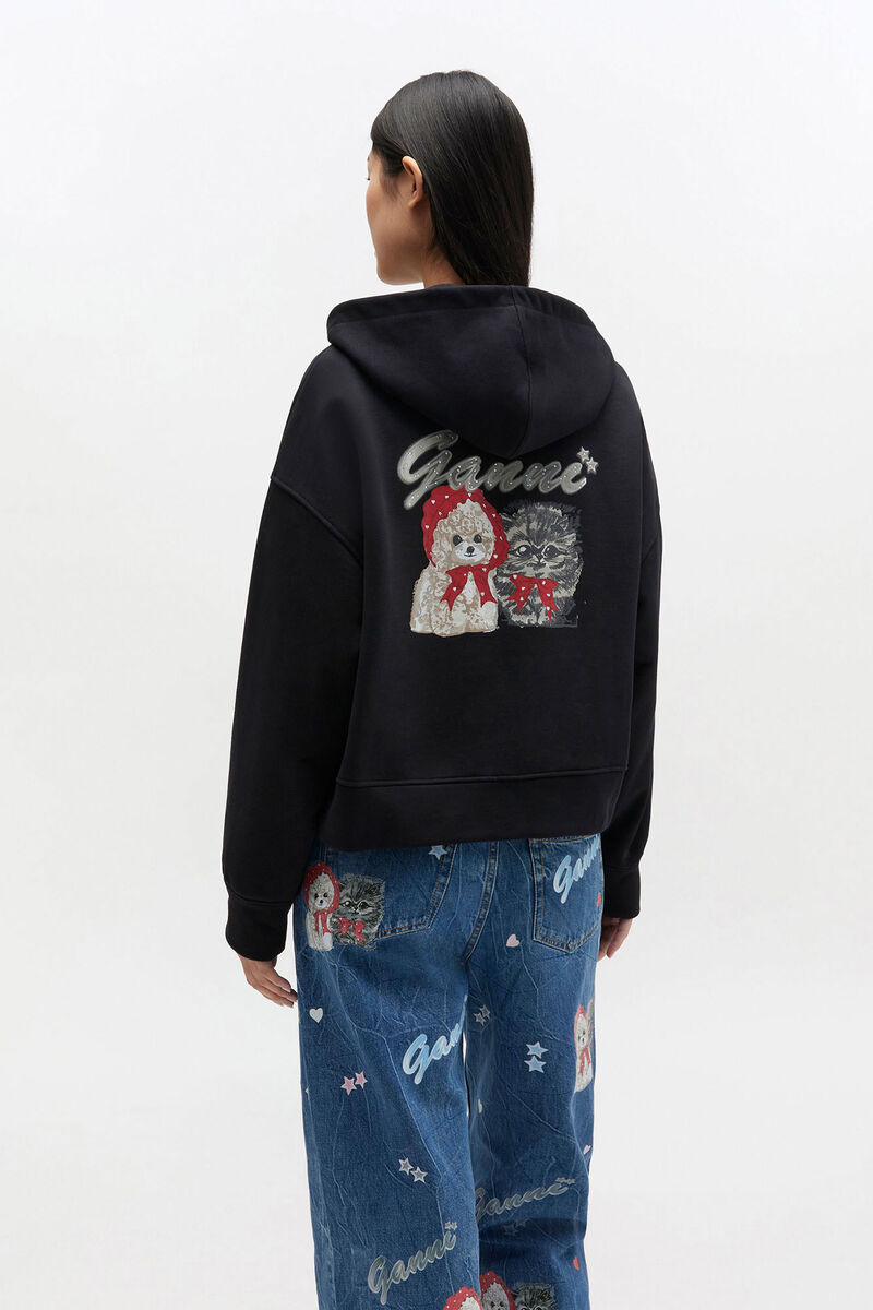 Black Animal Zip Hoodie, Organic Cotton, in colour Black/Black - 3 - GANNI