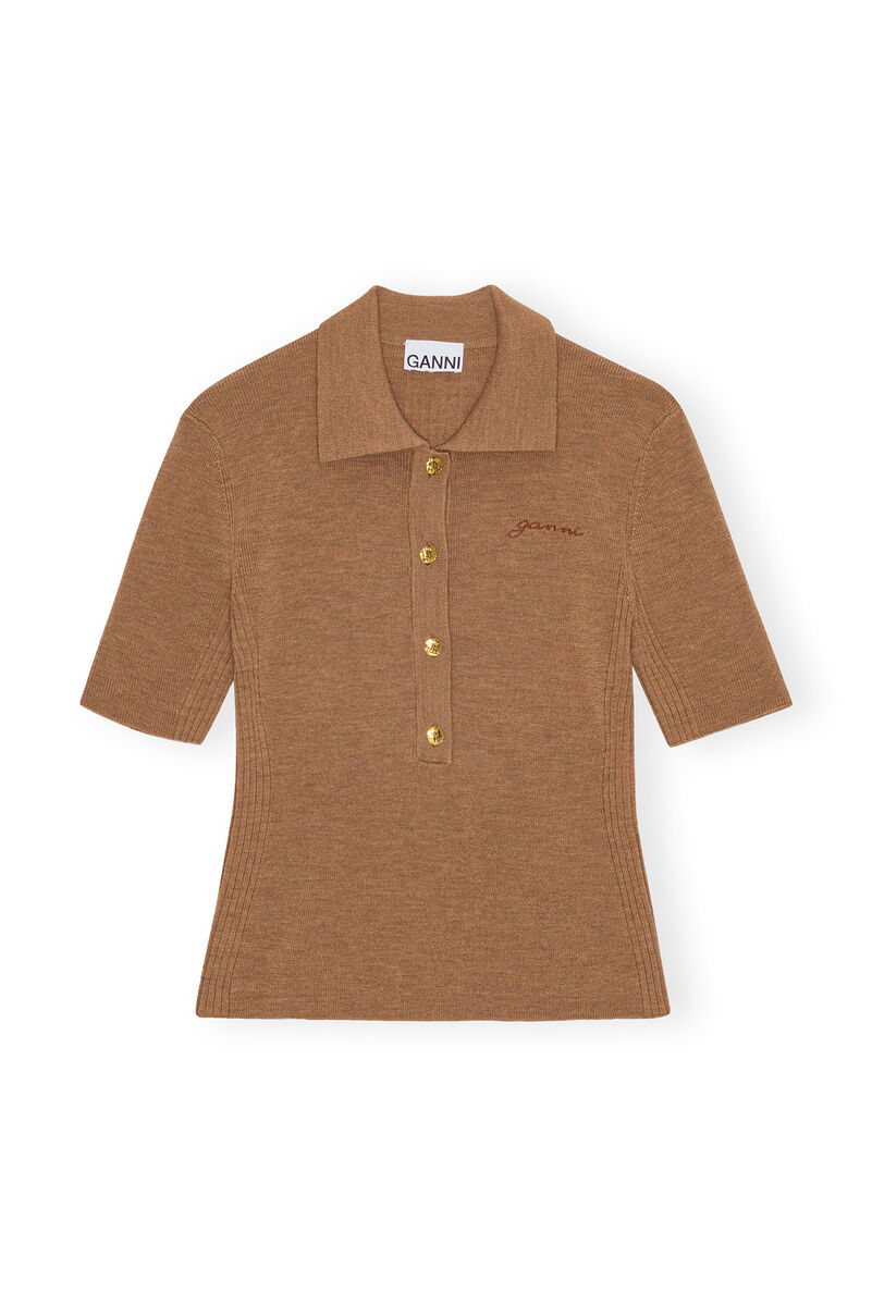 Brown Ribbed Merino Short Sleeve-pologenser, Merino Wool, in colour Safari - 1 - GANNI