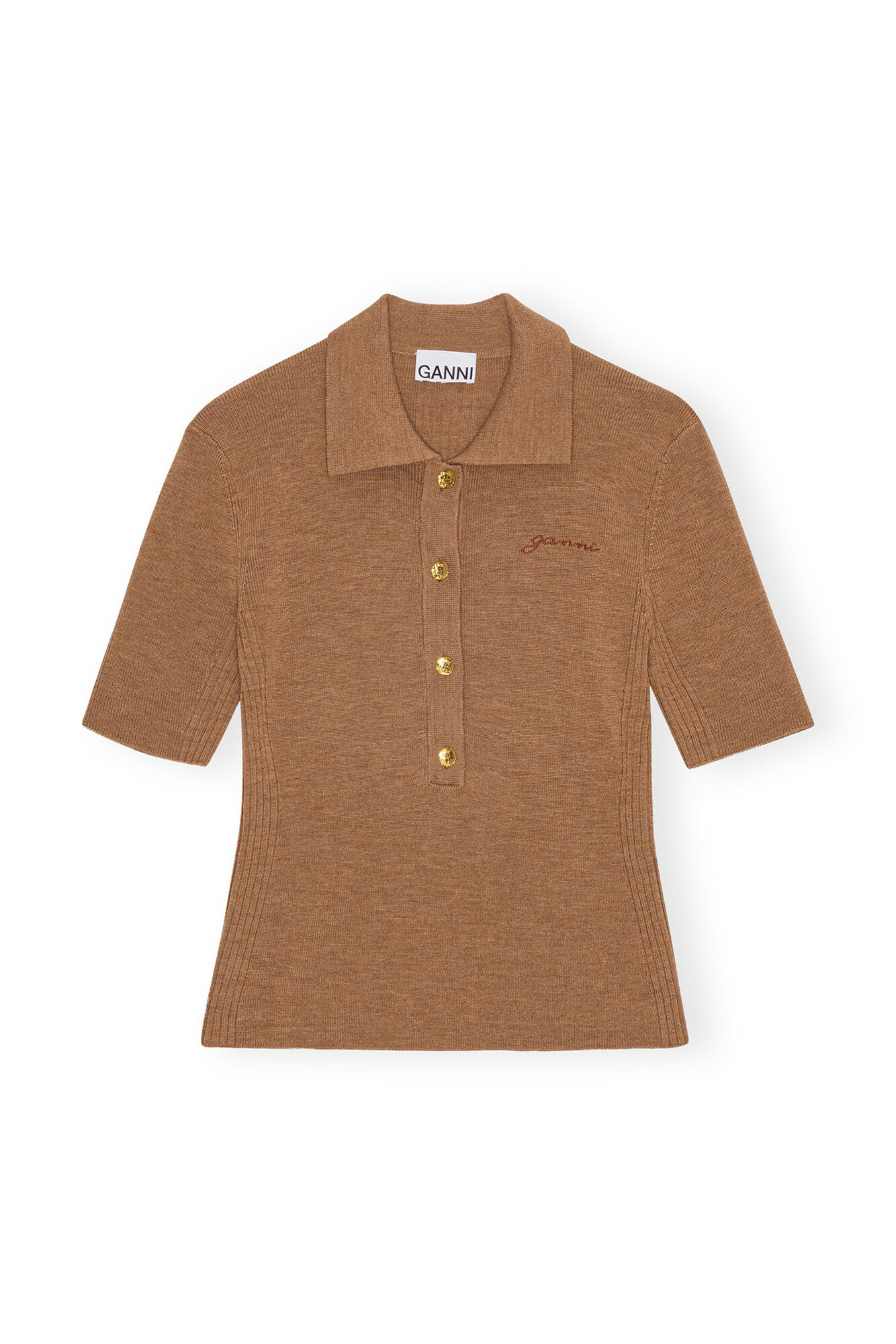 Brown Ribbed Merino Short Sleeve Poloshirt, Merino Wool, in colour Safari - 1 - GANNI