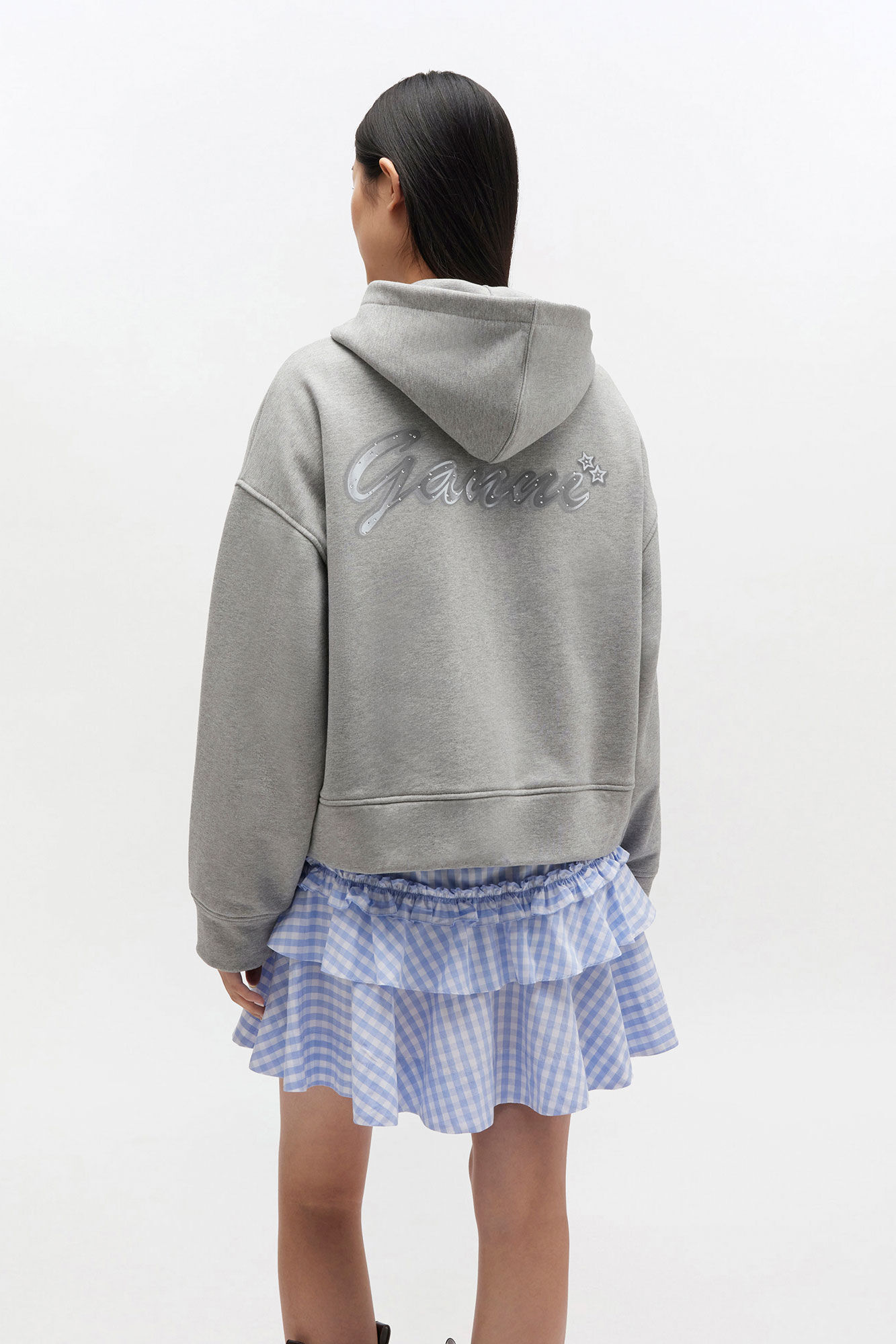 Grey Logo Zip Hoodie, Organic Cotton, in colour Paloma Melange - 3 - GANNI