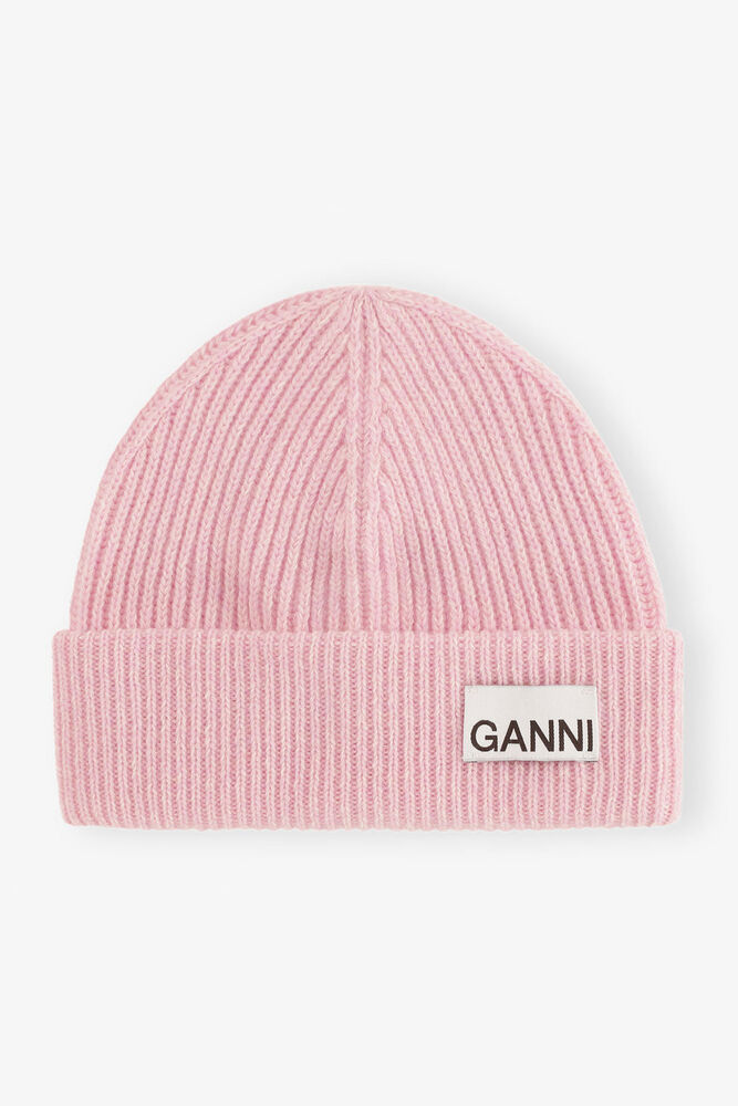 Light Pink Fitted Rib Knit Wool Beanie, Mauve Chalk