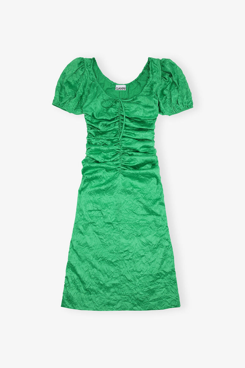 Green Crinkled Satin Midi Dress, Recycled Polyester, in colour Bright Green - 1 - GANNI