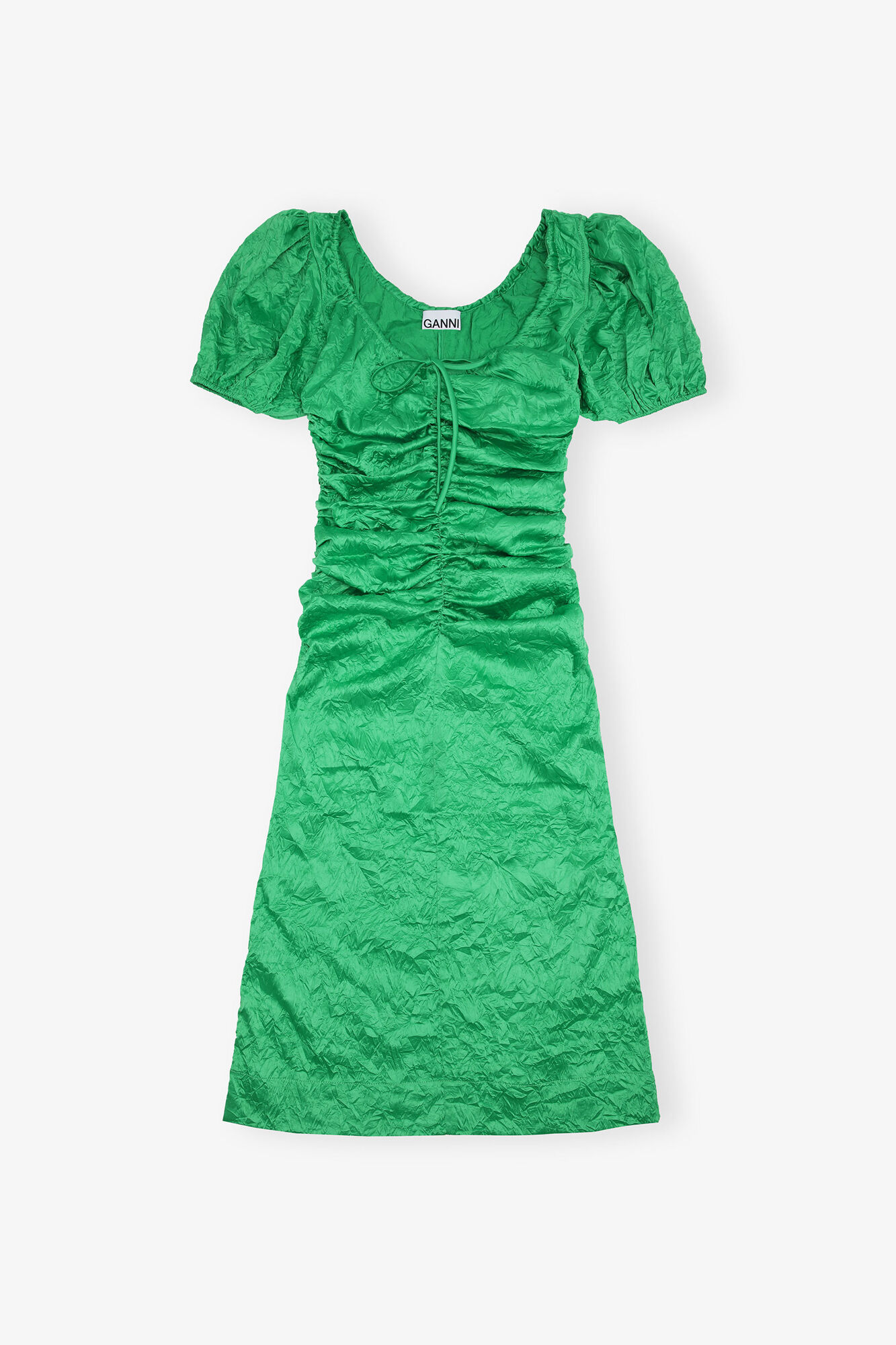 Green Crinkled Satin Midi Dress, Recycled Polyester, in colour Bright Green - 1 - GANNI
