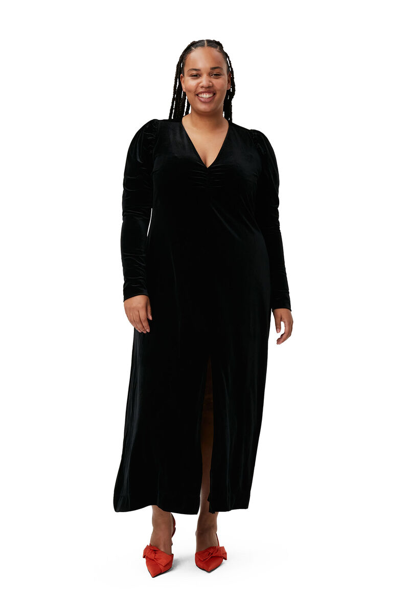 Velvet Long Dress, Recycled Polyester, in colour Black - 5 - GANNI