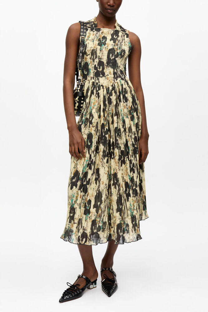 Printed Pleats Smock Midi Straps Dress, Afterglow