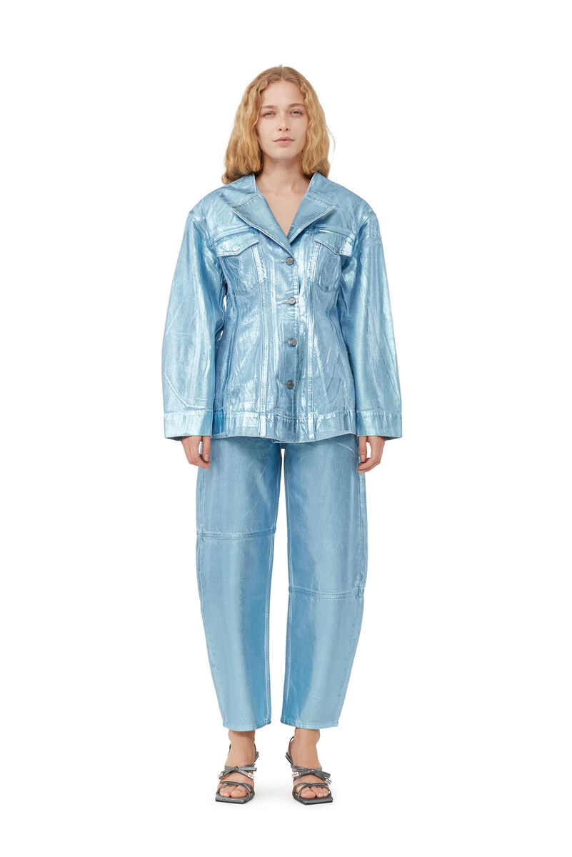 Blue Foil Denim Fitted Blazer, Cotton, in colour Heather - 1 - GANNI