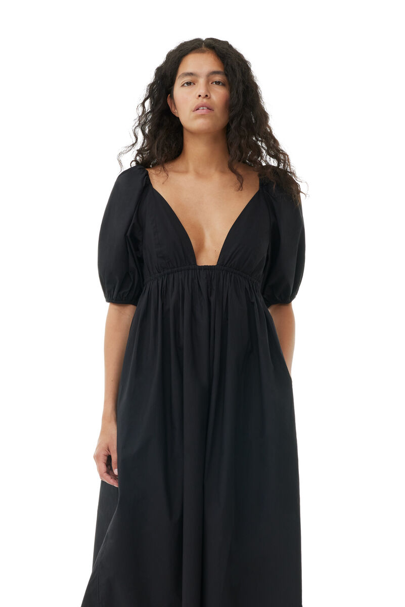 Black Cotton Poplin Long Dress, Cotton, in colour Black - 2 - GANNI