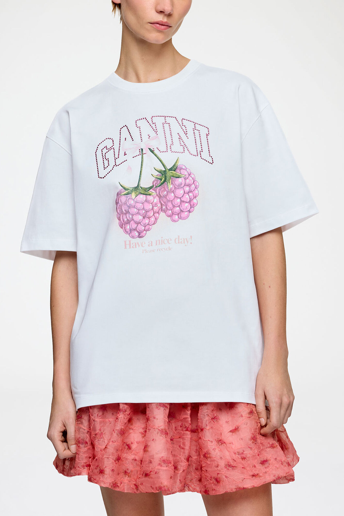 T-shirt with Raspberries, Organic Cotton, in colour Bright White - 2 - GANNI