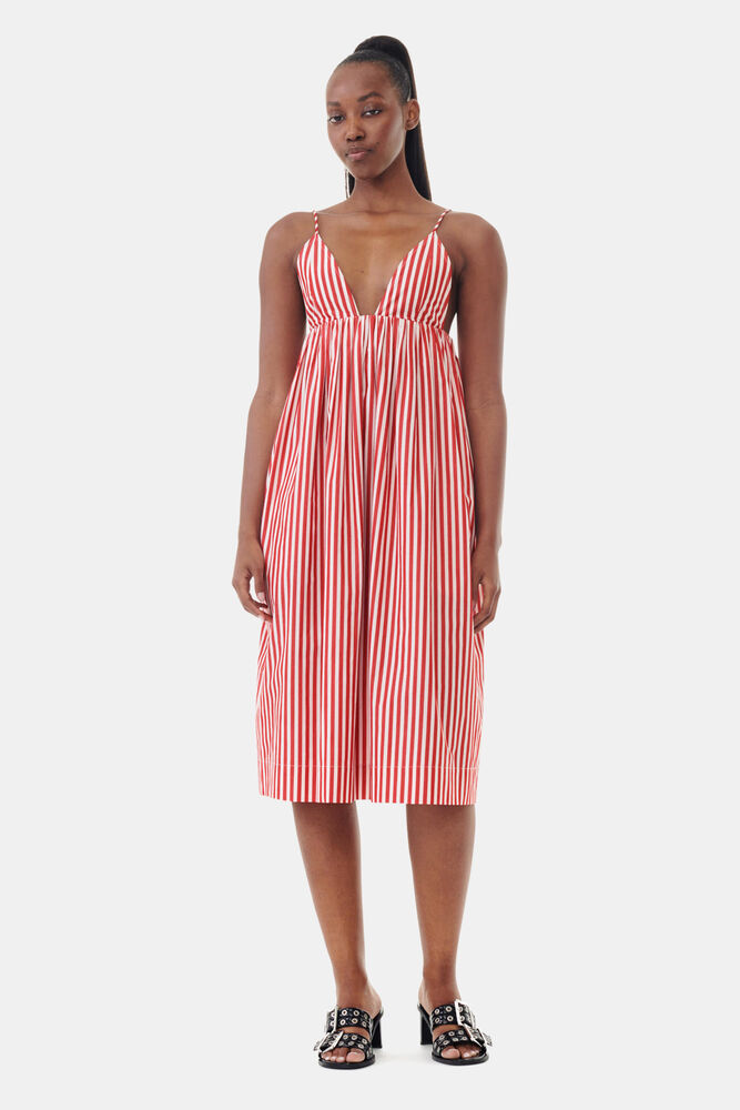 Red Stripe Cotton Strap Midi Dress, Barbados Cherry