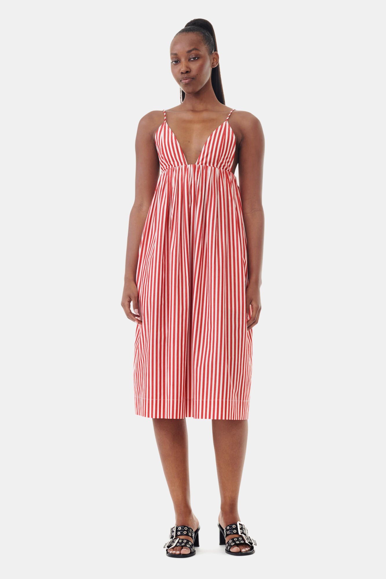 Red Stripe Cotton Strap Midi Dress, Cotton, in colour Barbados Cherry - 1 - GANNI