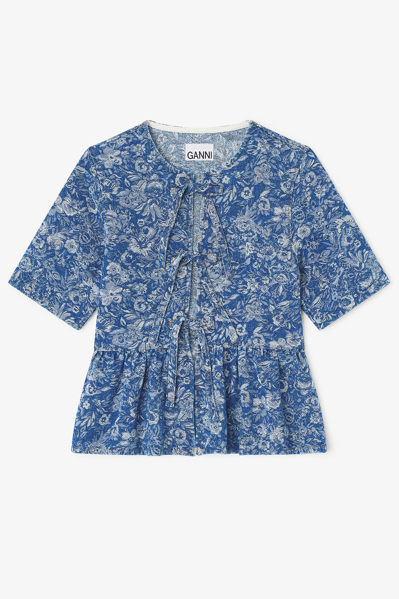 Blue Tapestry Peplum Blouse, Cotton, in colour Mid Blue Stone - 1 - GANNI