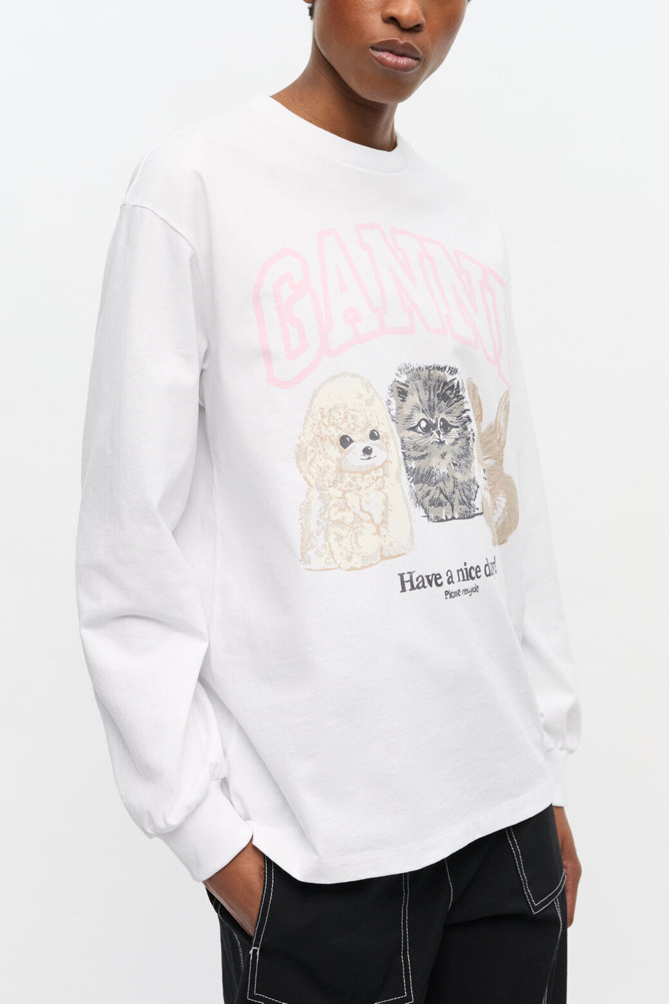 GANNI ホワイト Tシャツ 犬イラスト White Animal Print Long-sleeve T-shirt | GANNI NL