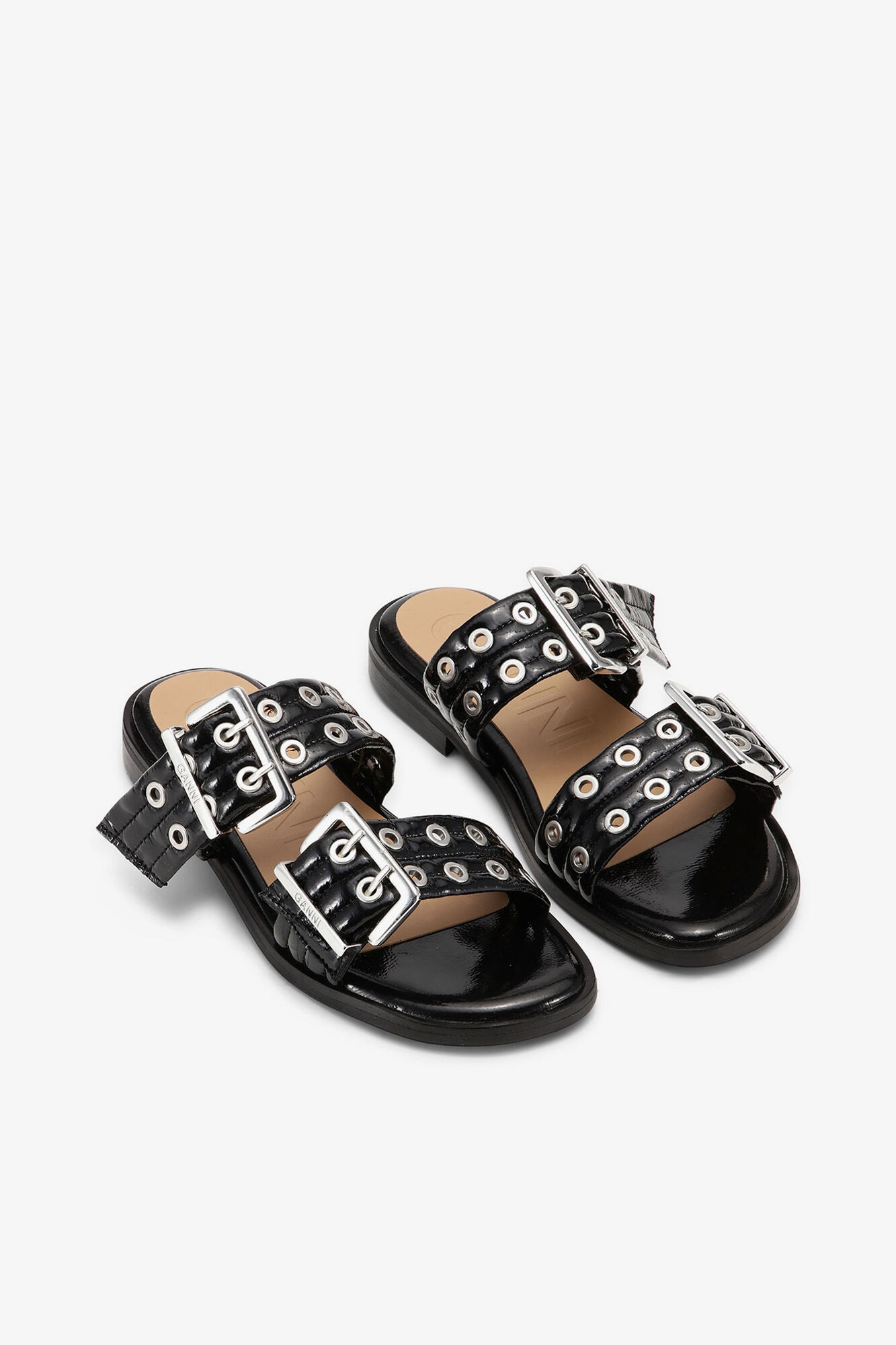 Sandales f&eacute;minines &agrave; boucles &agrave; deux sangles noires, Polyurethane, in colour Black - 2 - GANNI