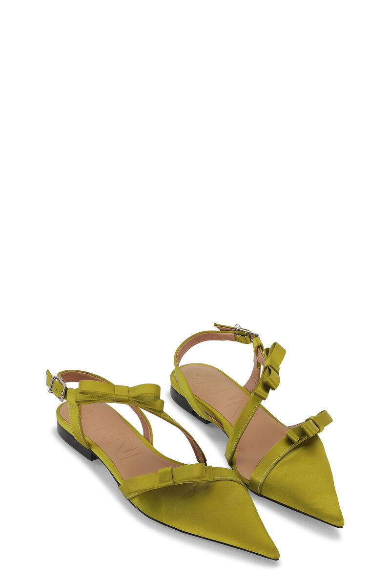 Olive Multi Bow Pointy Cut-Out Ballerinas, Recycled Polyester, in colour Olive Drab - 2 - GANNI