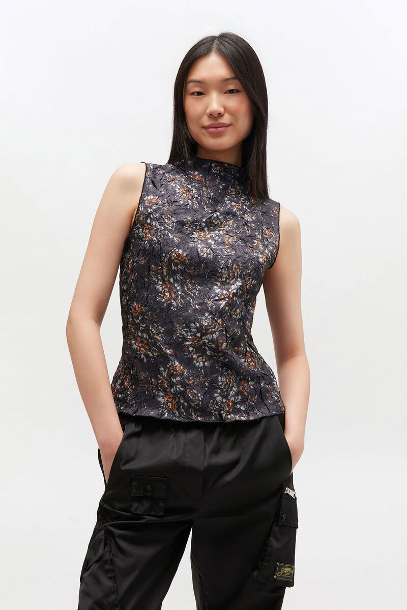 Black Floral High Neck Top, Recycled Polyester, in colour Black - 1 - GANNI