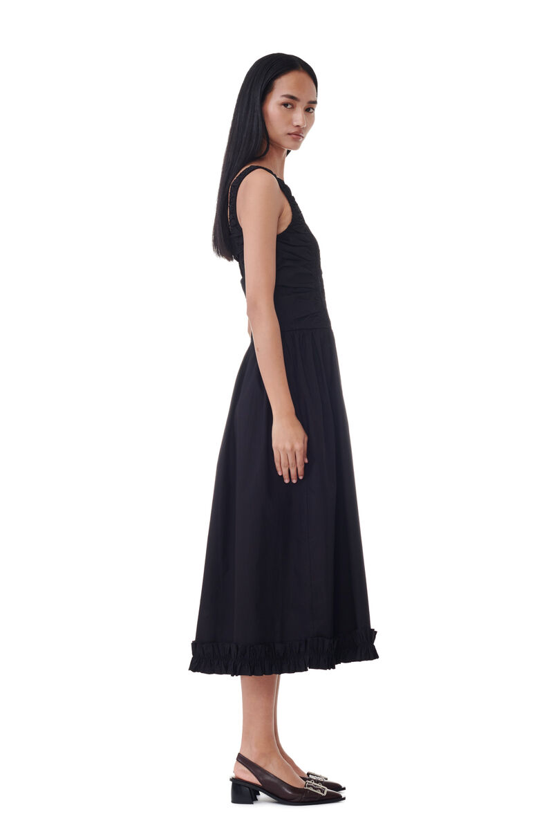 Black Cotton Poplin Midi Strap Smock Dress, Cotton, in colour Black - 3 - GANNI