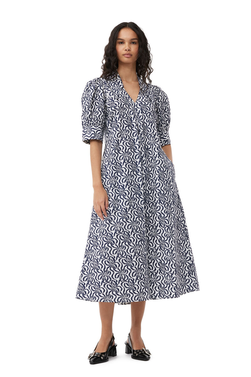 Printed Cotton Poplin V-neck Long Dress, Cotton, in colour Egret - 1 - GANNI