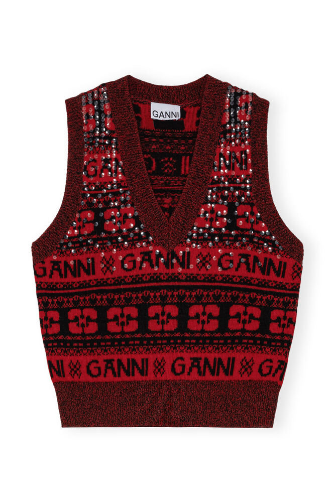 Red Sequins Logo Wool Mix Vest, High Risk Red