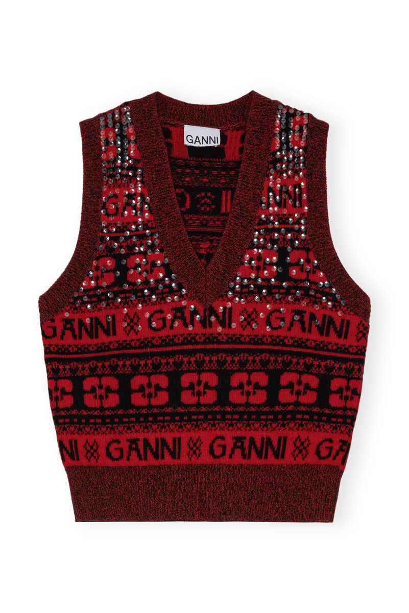 Red Sequins Logo Wool Mix Vest, Recycled Polyamide, in colour High Risk Red - 1 - GANNI