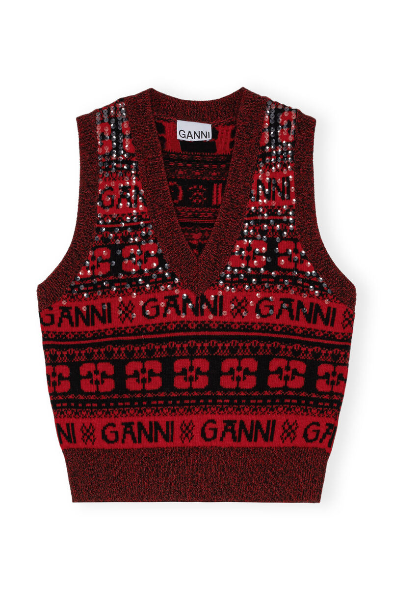 Red Sequins Logo Wool Mix-vest, Recycled Polyamide, in colour High Risk Red - 1 - GANNI