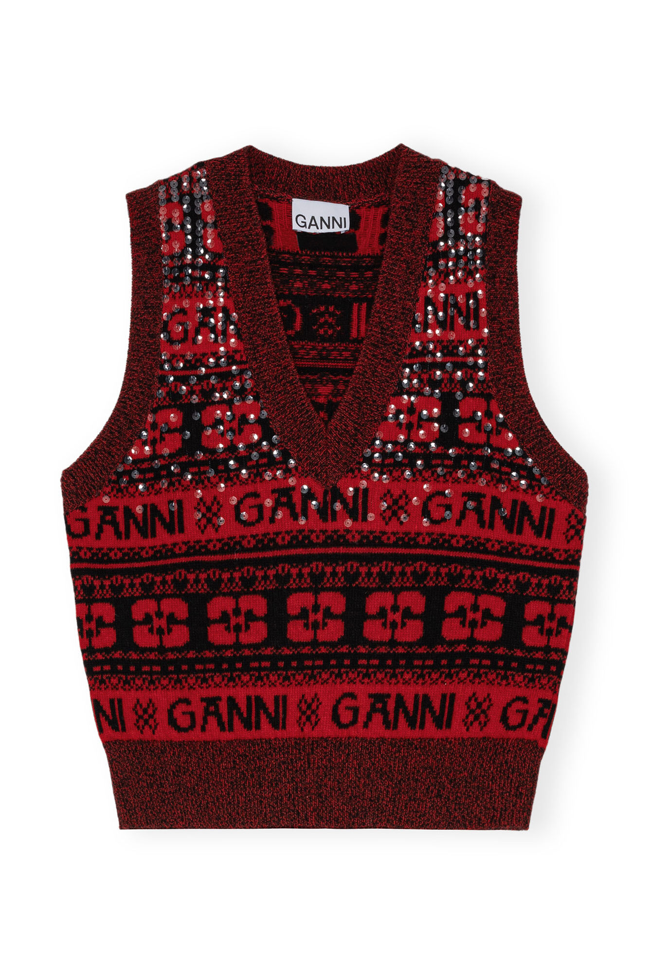 Red Sequins Logo Wool Mix Vest, Recycled Polyamide, in colour High Risk Red - 1 - GANNI