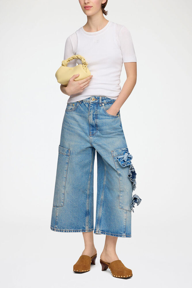 Baggy Cropped Jeans in Flower Print Denim, Mid Blue Stone