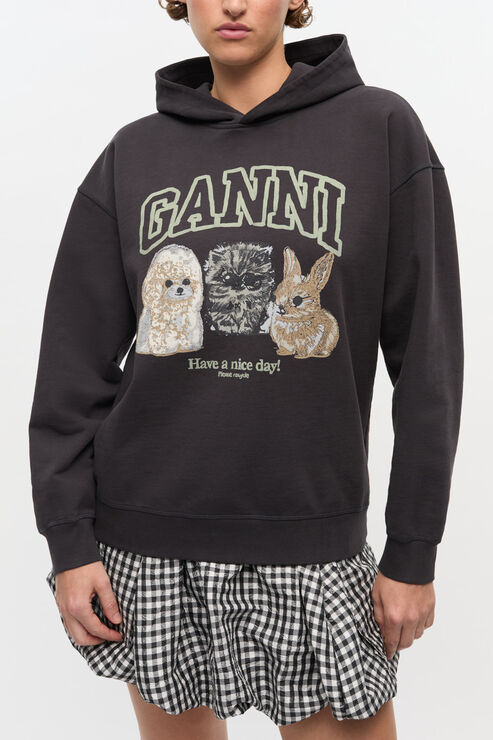 Ganni Women's Black Animal Print Hoodie Organic Cotton Large