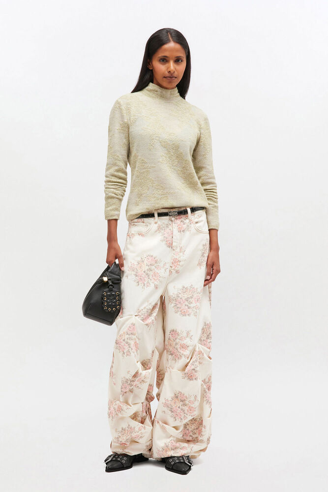 Jean drapé à imprimé floral, Egret