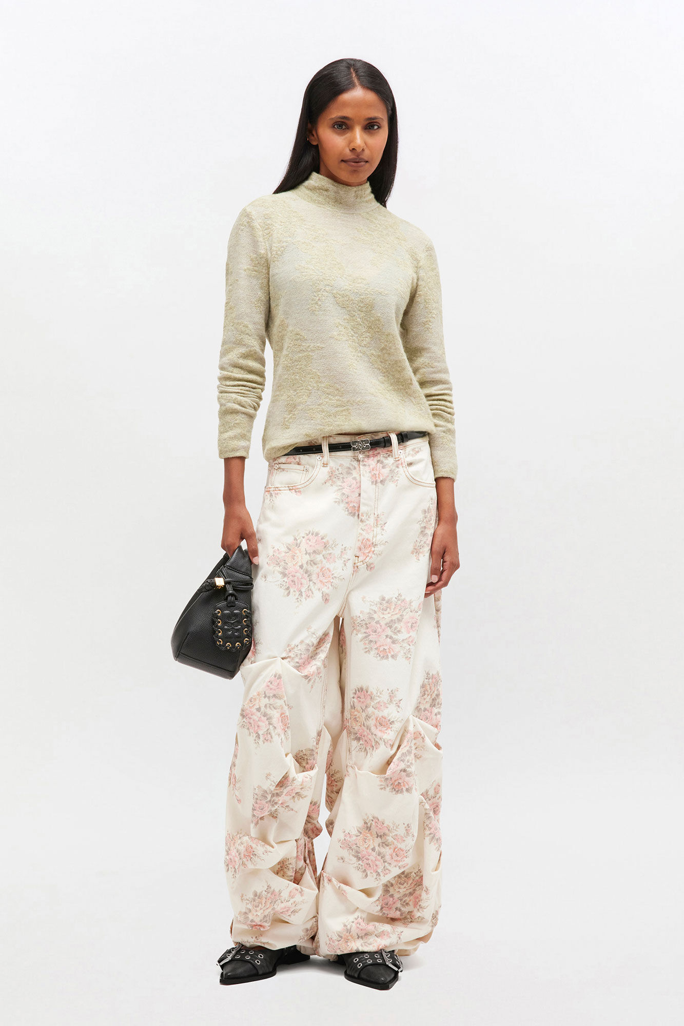Floral Printed Draped Jeans, Cotton, in colour Egret - 1 - GANNI