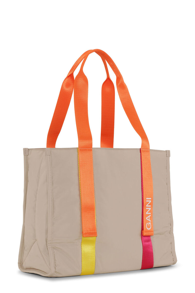 Medium Beige Tech Tote , Recycled Polyester, in colour Pale Khaki - 2 - GANNI