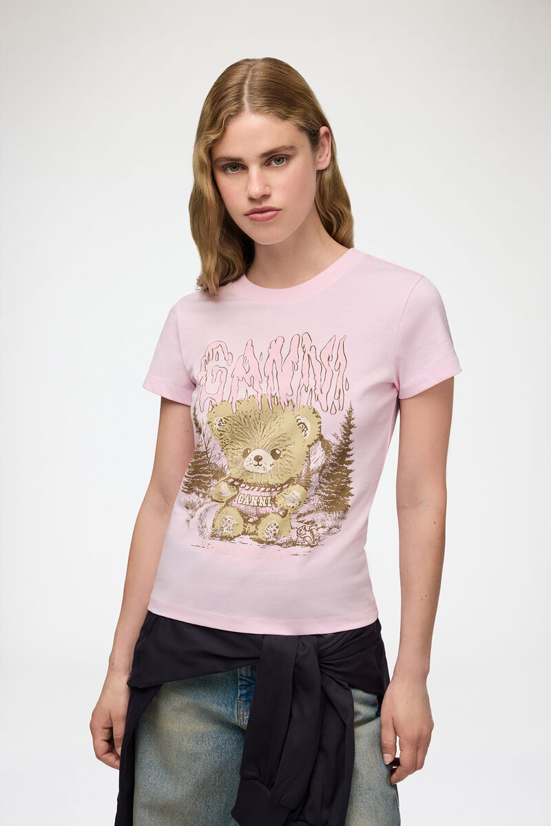 Baby Fit T-shirt with Forest Teddy, Organic Cotton, in colour Chalk Pink - 1 - GANNI