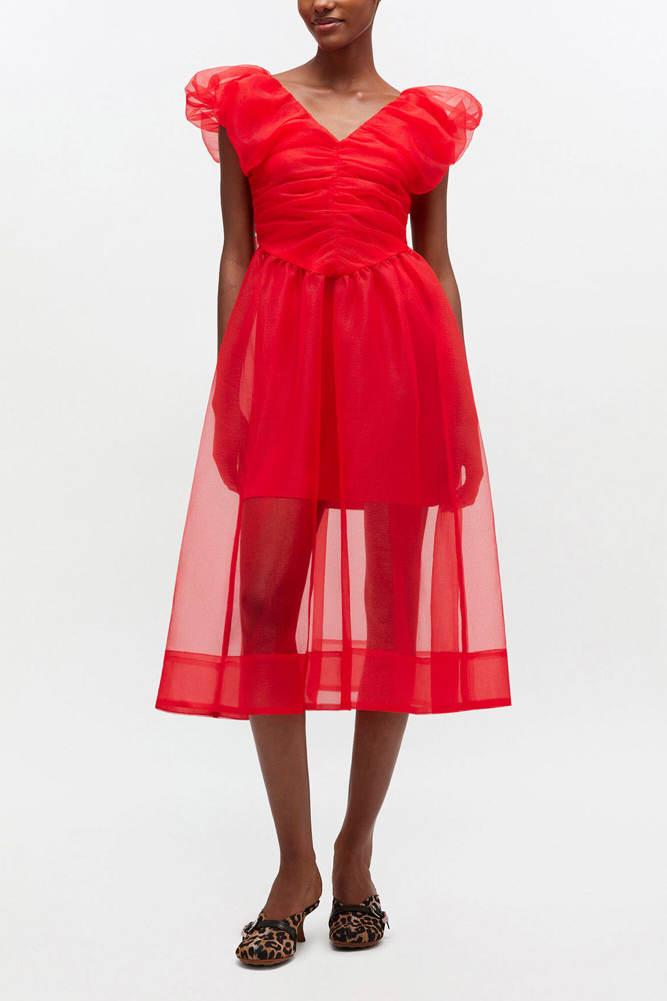 Red Organza Ruched Dress, Recycled Polyester, in colour Mars Red - 1 - GANNI