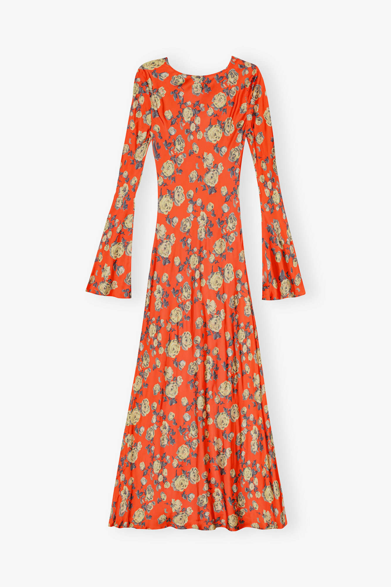 Robe maxi en satin &agrave; imprim&eacute; floral orange, Viscose, in colour Poinciana - 2 - GANNI