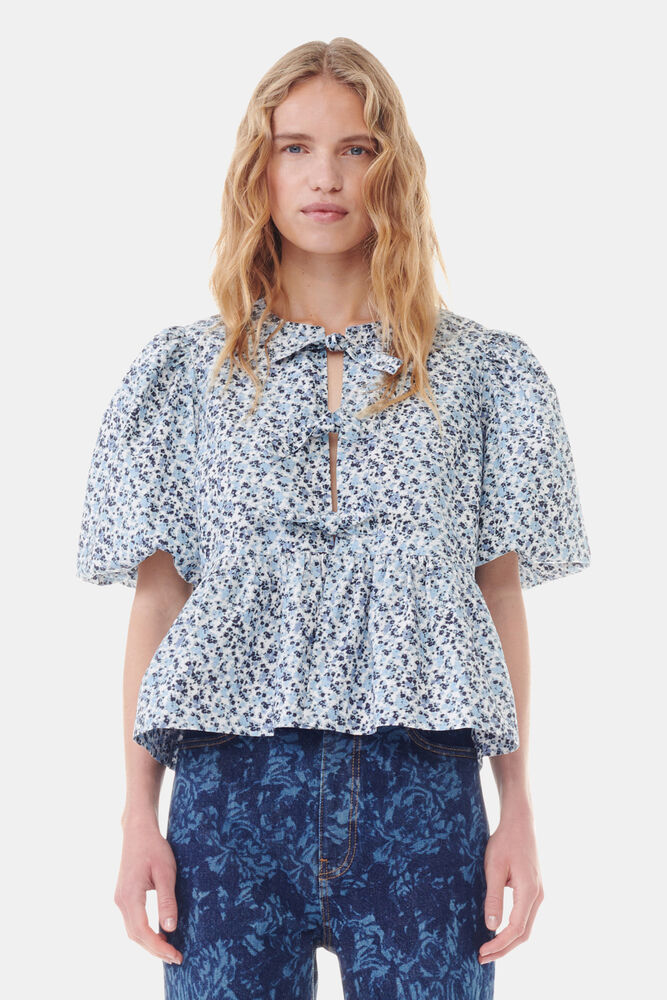 Floral Printed Cotton Poplin Peplum Blouse, Glacier Lake