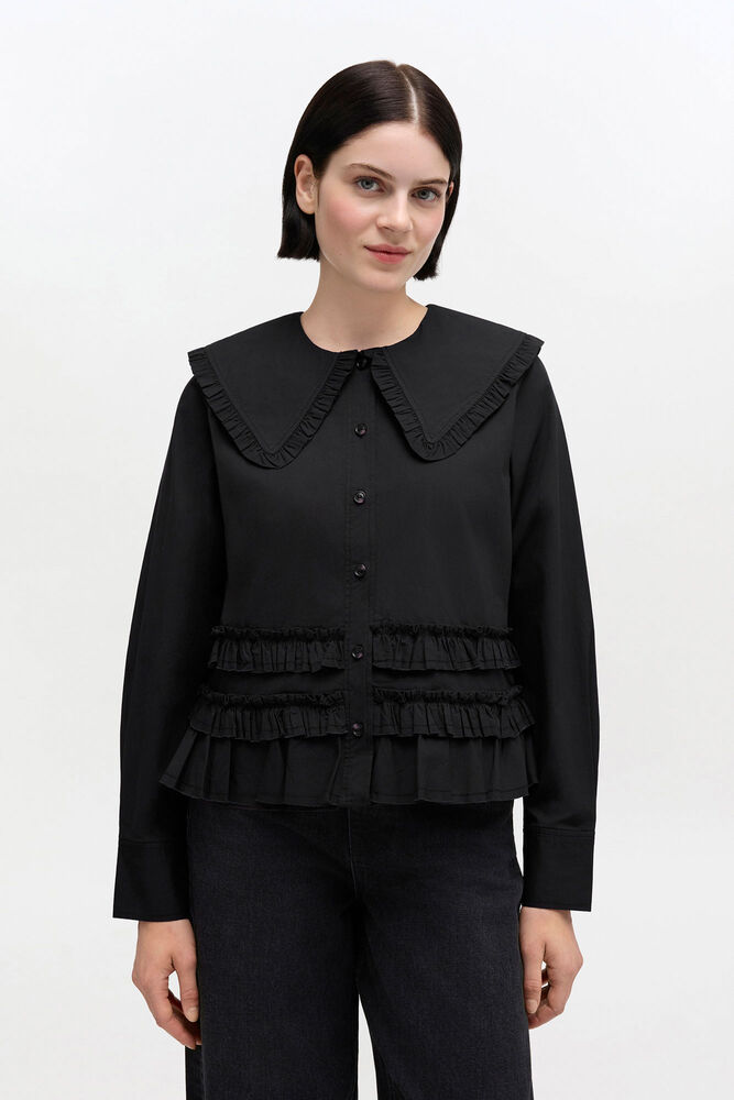 Stretch Cotton Ruffle Shirt, Black