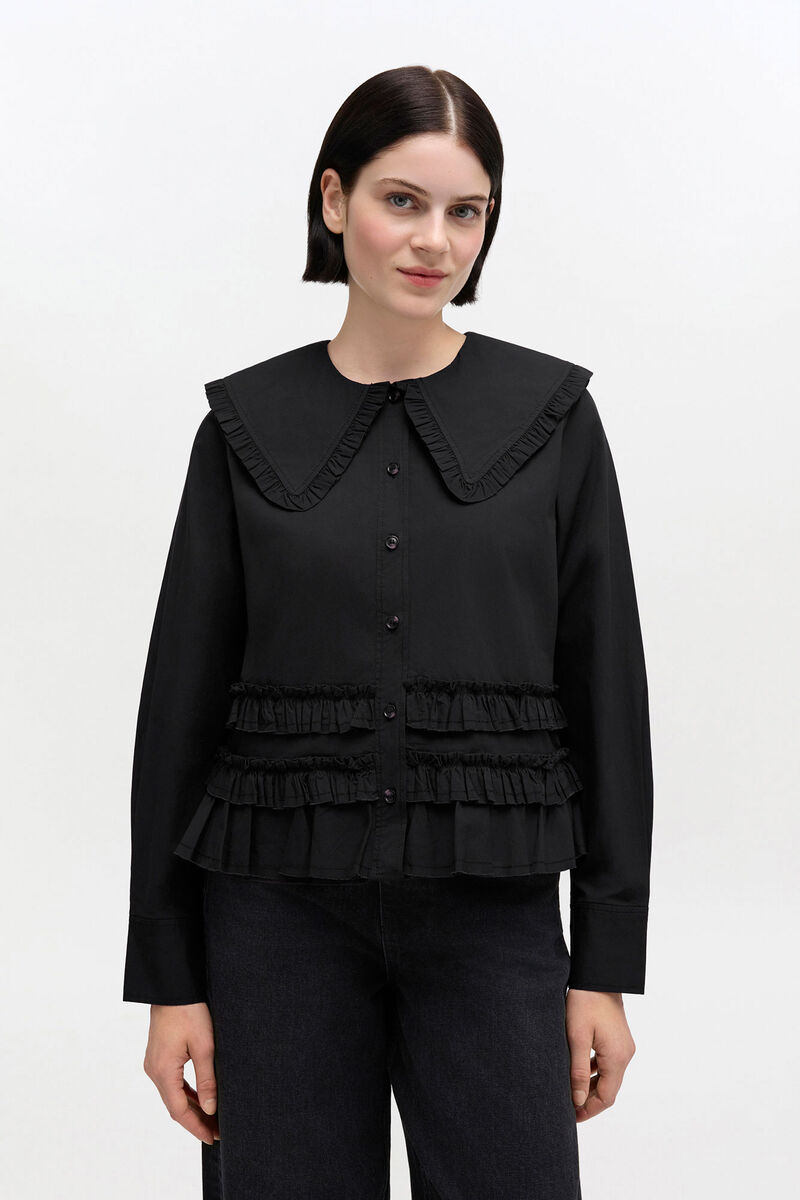 Stretch Cotton Ruffle Shirt, Organic Cotton, in colour Black - 1 - GANNI