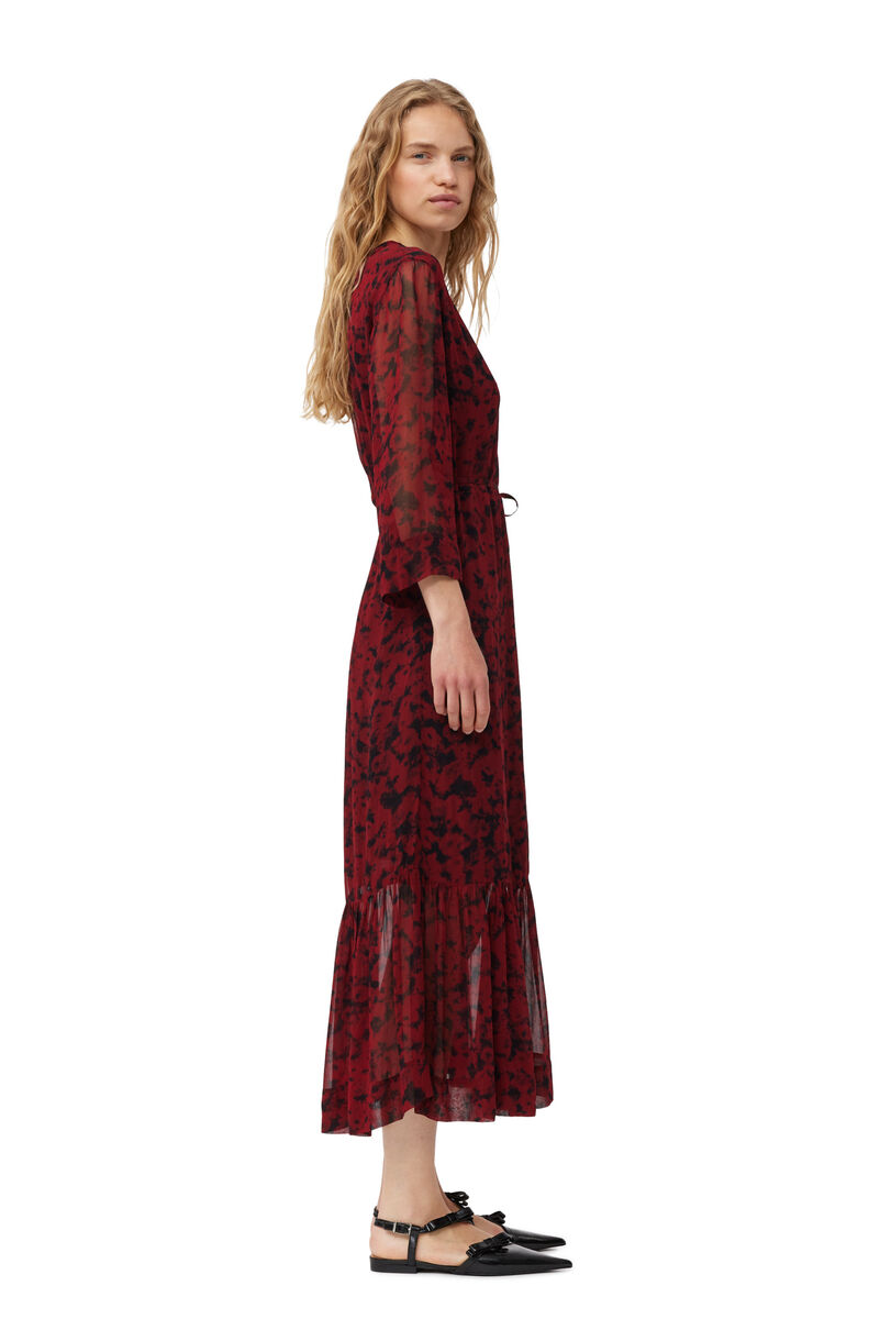 Red Printed Light Georgette Wrap Midi Dress, Viscose, in colour Syrah - 3 - GANNI