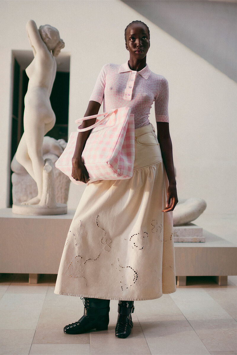 Broderie Anglaise Denim Skirt, Cotton, in colour Egret - 1 - GANNI
