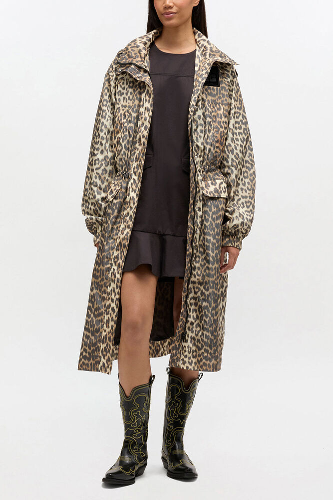 Leopard Nylon Parka Coat, Almond Milk