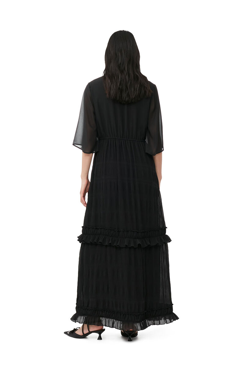 Black Pleated Georgette Maxi Dress, Recycled Polyester, in colour Black - 3 - GANNI