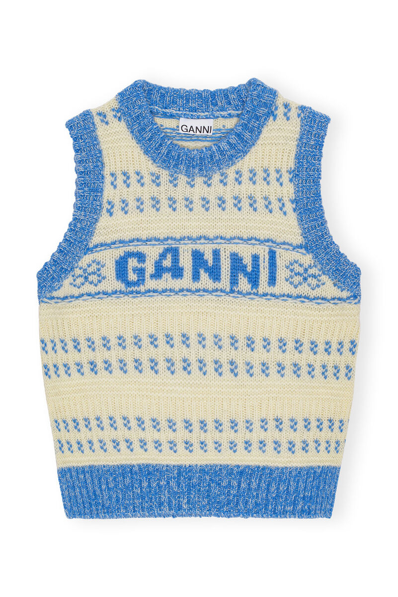 Blue Graphic O-Neck Weste, Organic Wool, in colour Strong Blue - 1 - GANNI