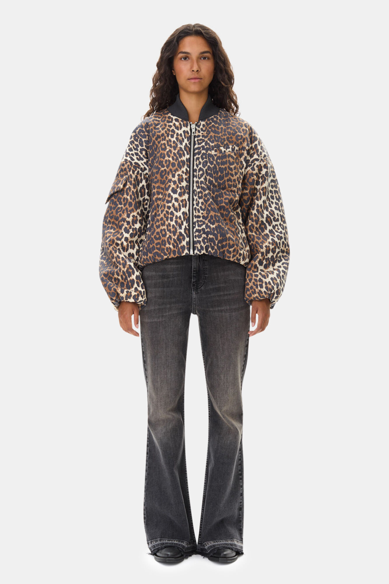 Printed Canvas Oversized Short Bomber Jacke, Hemp, in colour Almond Milk - 2 - GANNI