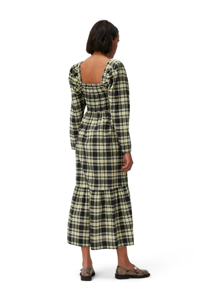 Checkered Seersucker Maxi Dress, Cotton, in colour Check Elfin Yellow - 2 - GANNI