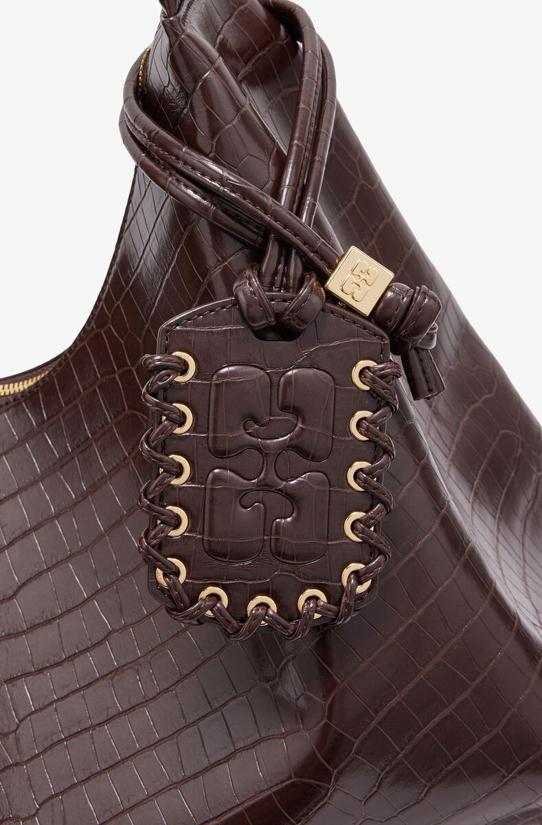 Brown Croco XXL Hobo Bag, Lyocell, in colour Chocolate Fondant - 3 - GANNI