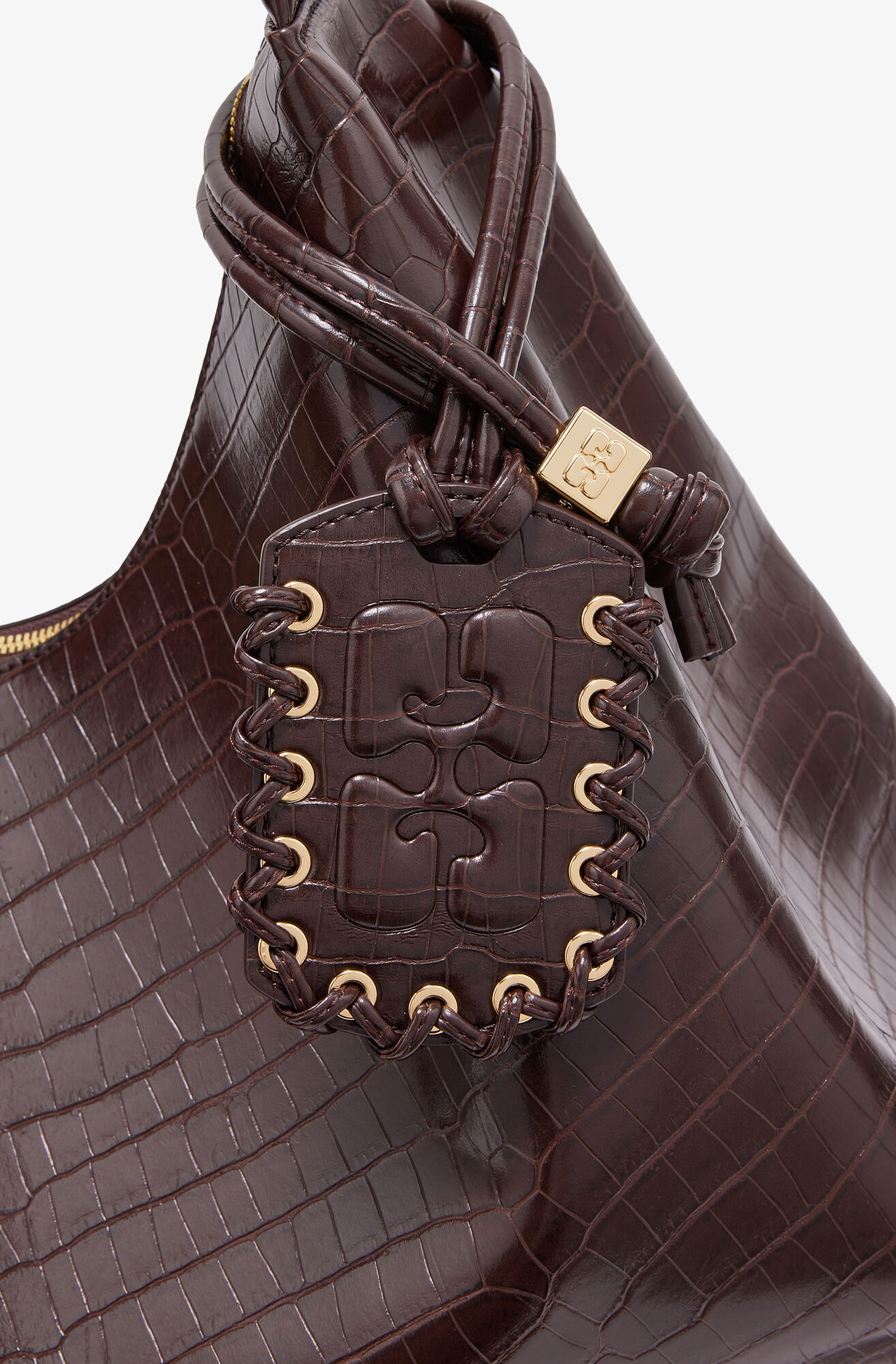 Brown Croco XXL Hobo Bag, Lyocell, in colour Chocolate Fondant - 3 - GANNI