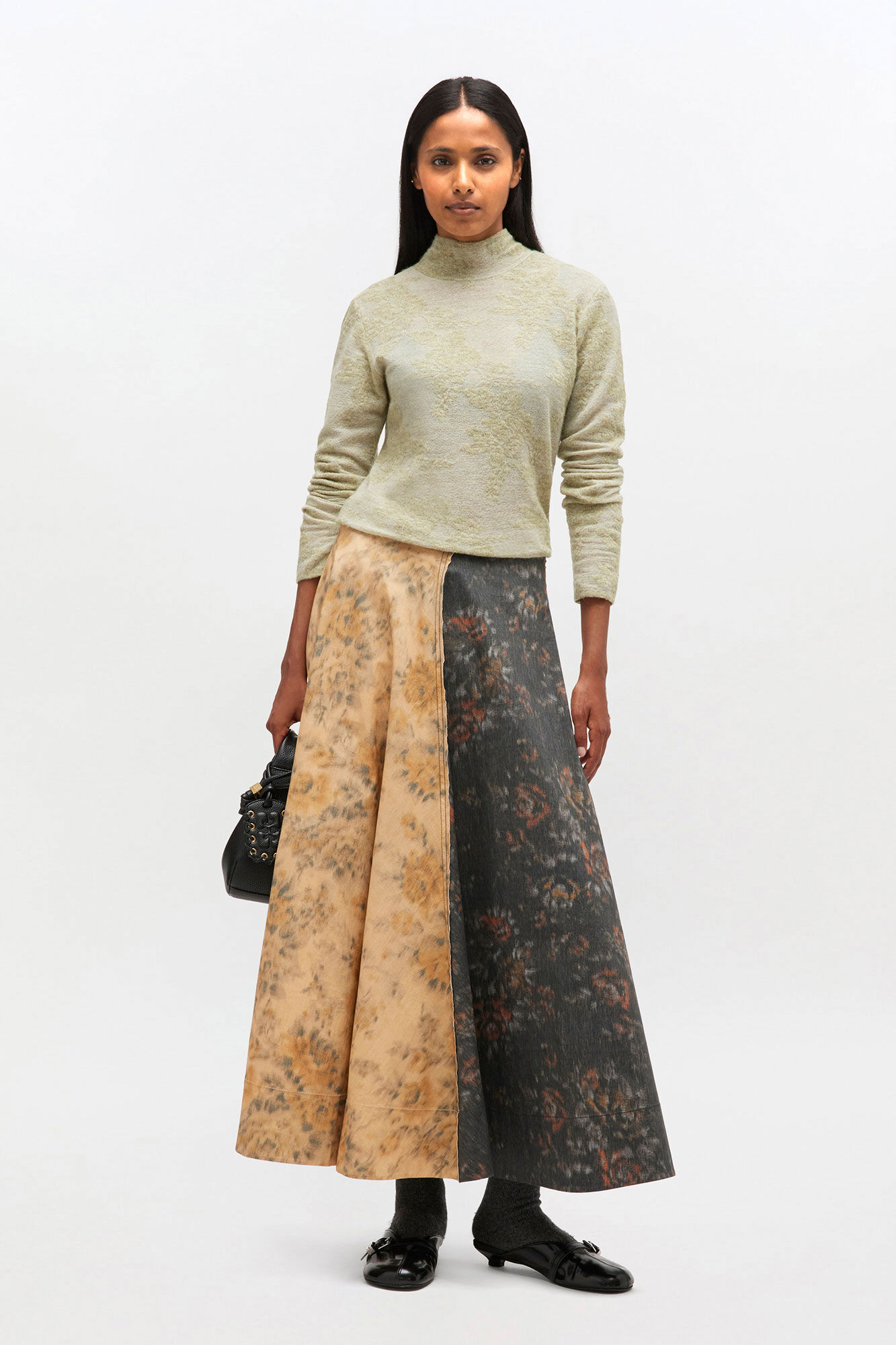 Black and Beige Floral Skirt, Elastane, in colour Multicolour - 1 - GANNI