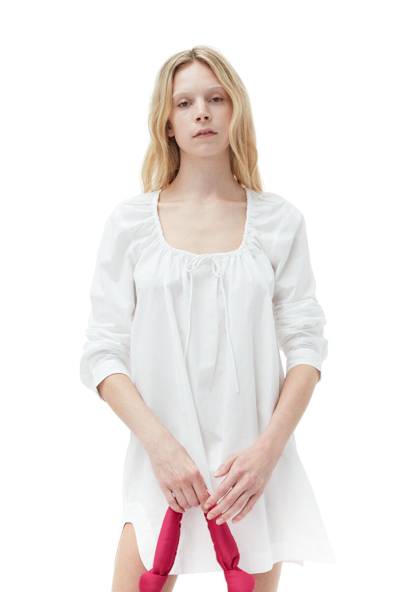 Cotton Poplin Square-neck Mini Dress, Cotton, in colour Bright White - 3 - GANNI