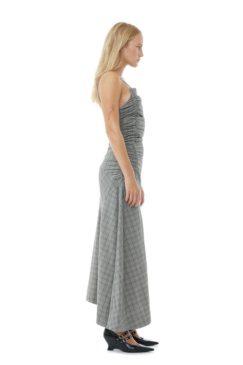 Checkered Ruched Long Slip Dress, in colour Frost Gray - 3 - GANNI
