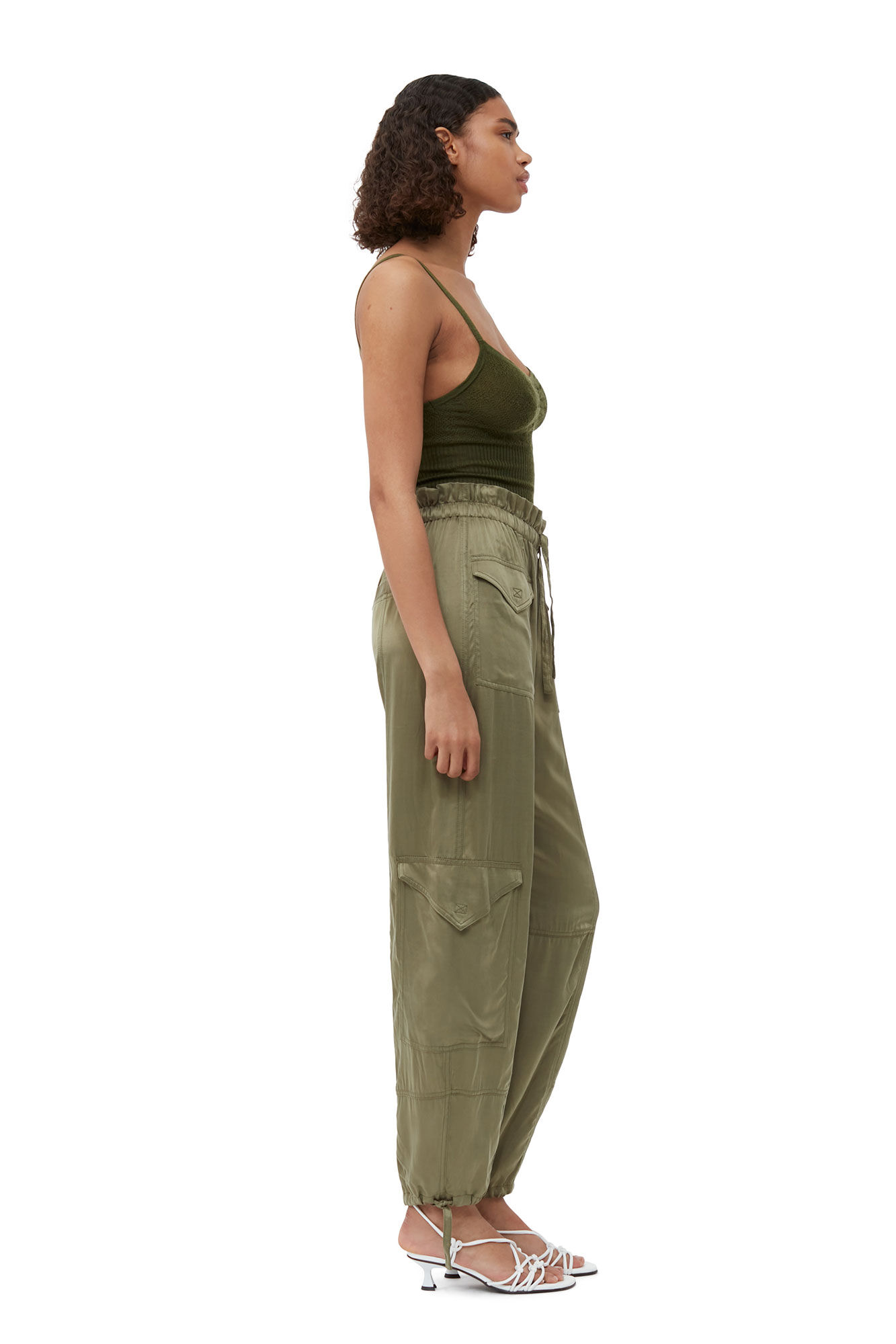 Merino Lace Strap Top, Merino Wool, in colour Dusty Olive - 3 - GANNI