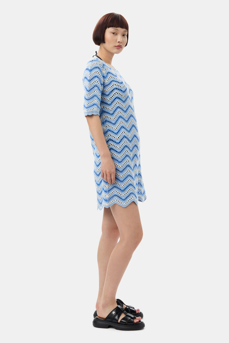 Blue Cotton Crochet Mini Dress, Cotton, in colour Heather - 3 - GANNI